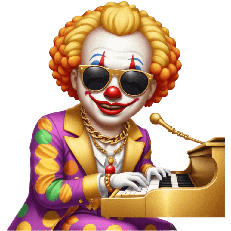 Clown with big golden chain on the neck wearing sunglasses plays piano full height emoji