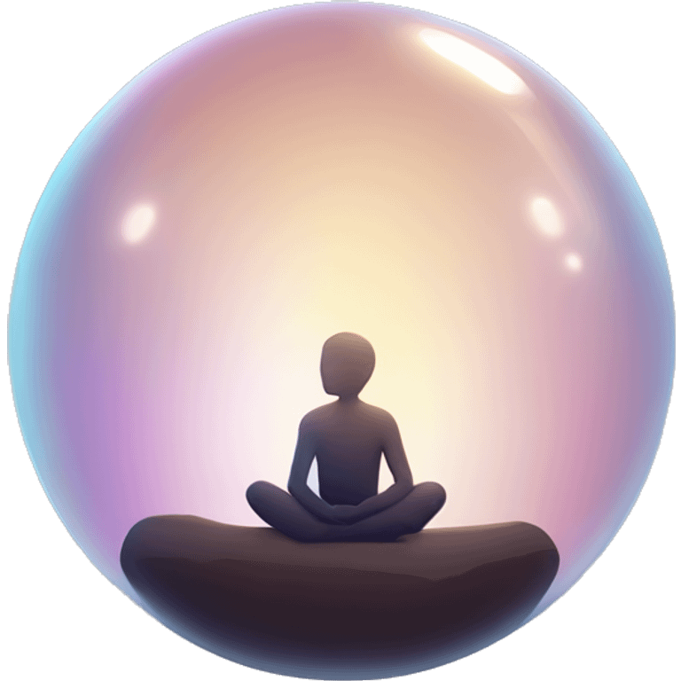 A minimalist figure sitting calmly inside a large, glowing bubble. The bubble shimmers with subtle gradients or lines, symbolizing introspection and protection. emoji