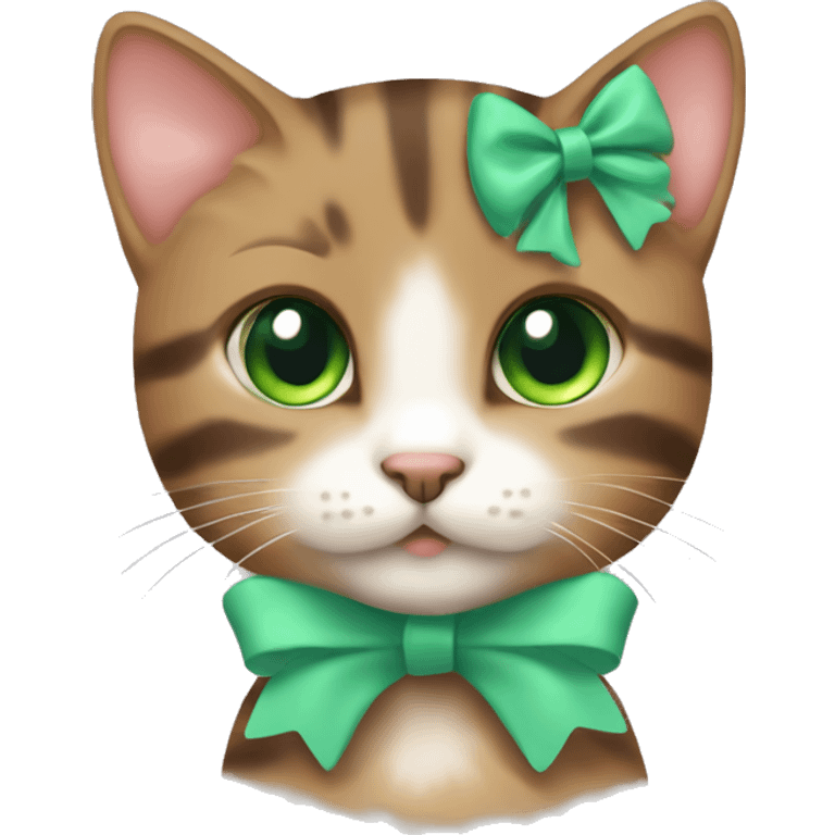 kawaii brown tabby kitten with green eyes and pastel green bow on top of head emoji