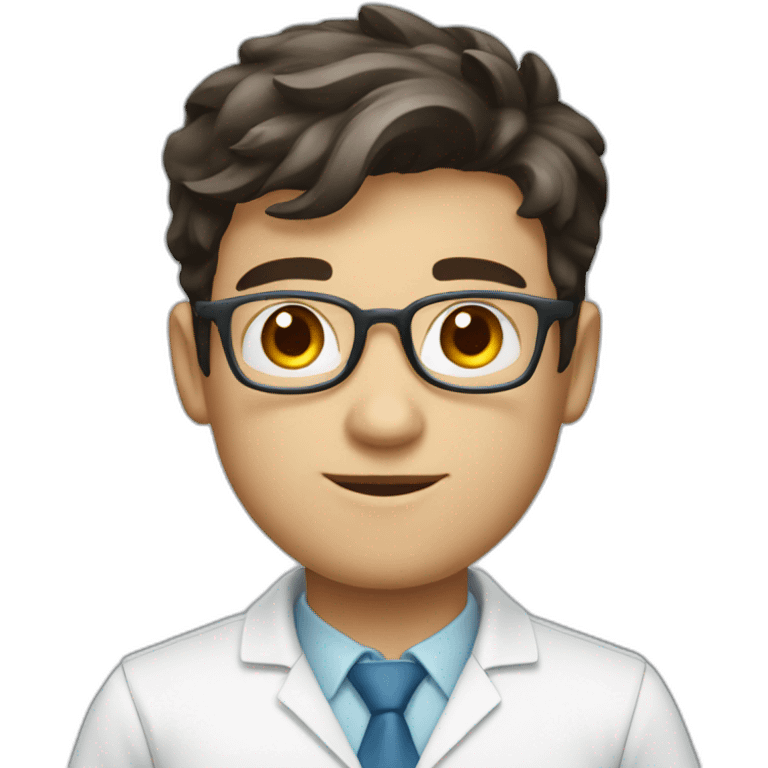 A scientist boy with white apron and wearing spectacles and dark hair and blue eyes and having camera emoji