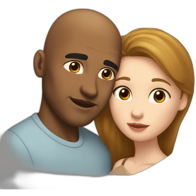 A mixed race man with very little hair kissing a white woman with brown hair, Who embrace each other tenderly emoji