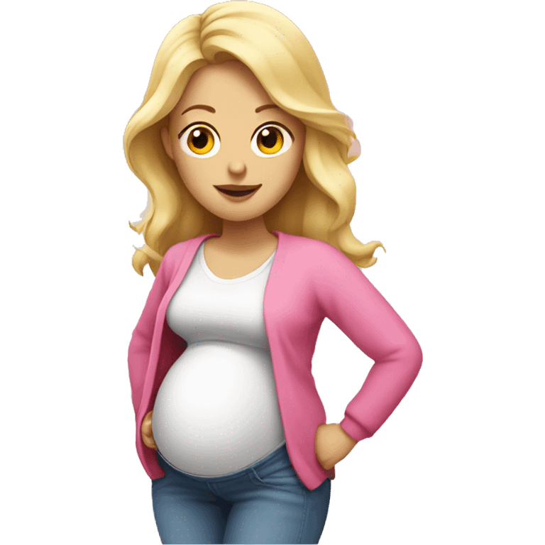 pregnant blonde with open belly, white top and pink cardigan emoji