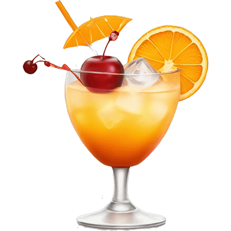 Cocktail garnished with an orange and a cherry emoji