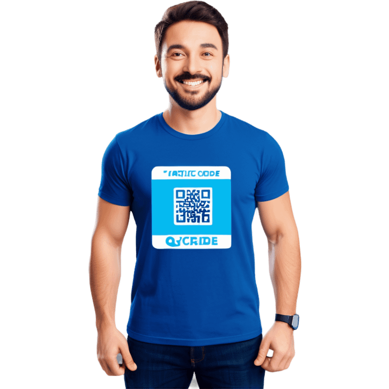 Man with pacific blue t-shirt that read a QRCODE in a ticket emoji