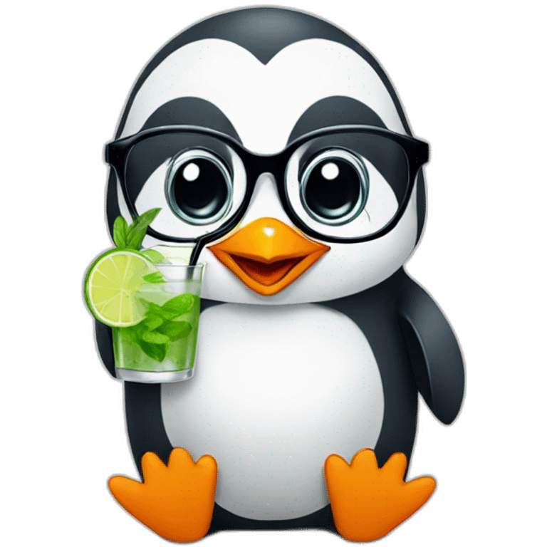 baby penguin with big glasses drinking mojito emoji