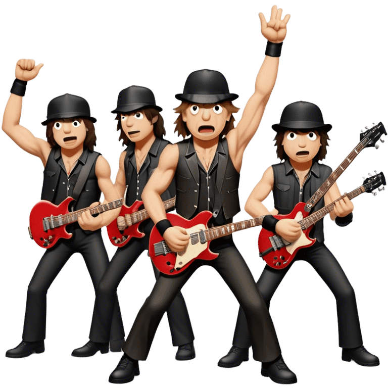 Cinematic Realistic AC/DC Band Emoji, depicted as a high-energy rock ensemble with electrifying stage presence and gritty textures, rendered with bold vibrant lighting that captures the raw power and rebellious spirit of their music. emoji