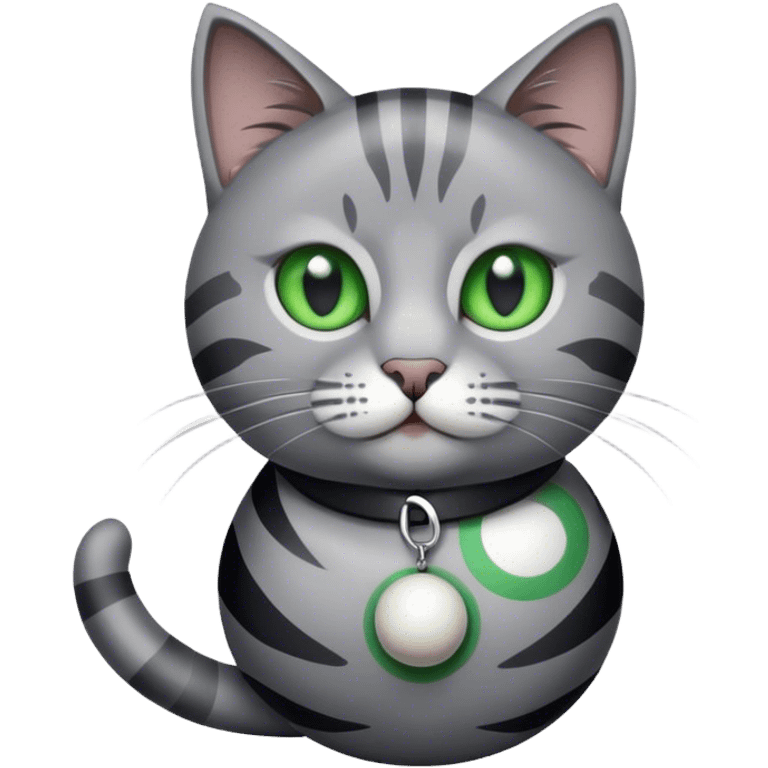 A grey cat with black stripes green eyes and a caller that says Ziggy and the cat is playing with a ball emoji