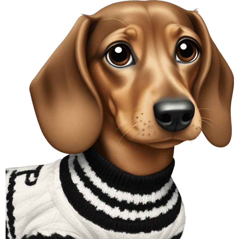 Dachshund wearing black and White Sweater with chanel Logo  emoji