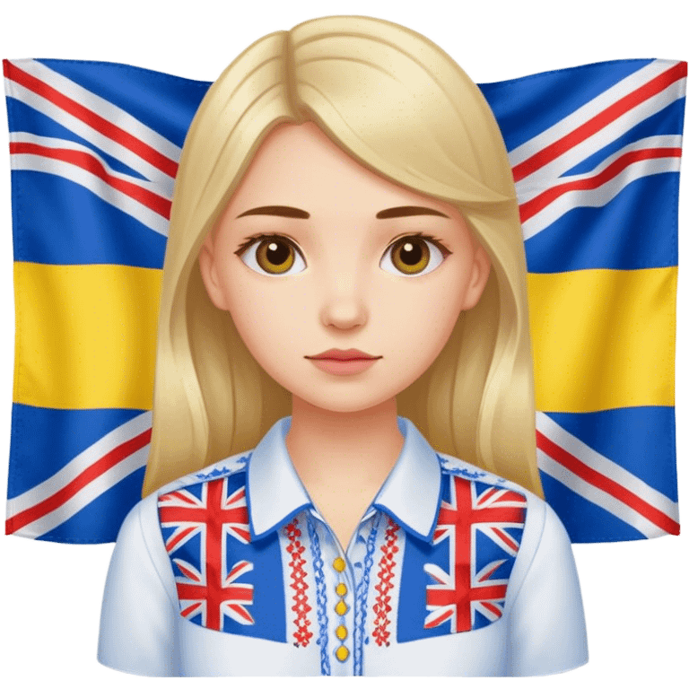 Ukrainian girl in an embroidered shirt against the background of the British flag emoji