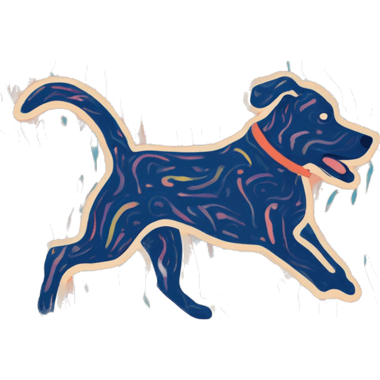 Abstract quirky funky made of different shapes dog running and squiggles linocut multicoloured illustrations  emoji