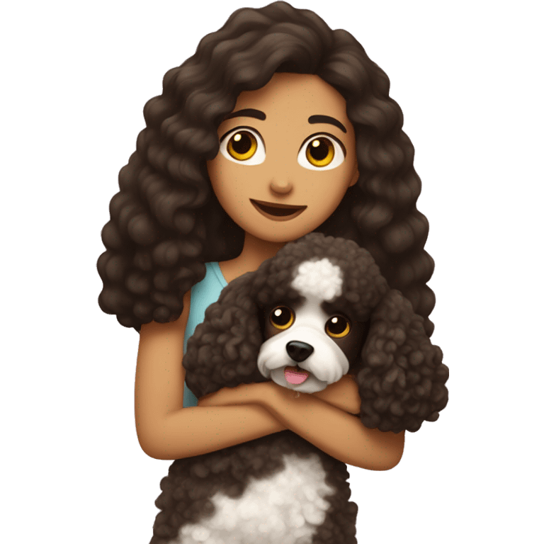 Girl with long dark brown hair hugs a poodle emoji