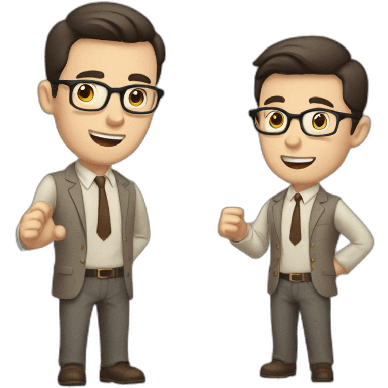 To belt Actively gesturing with hands Pale skinned fit man teacher with dark brown hair in gray jacket, beige office shirt, brown tie, brown pants and vintage glasses. emoji