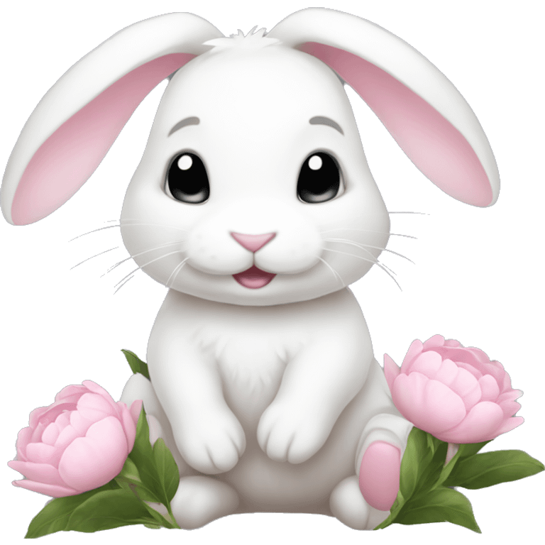 cute white bunny holding light pink peonies emoji