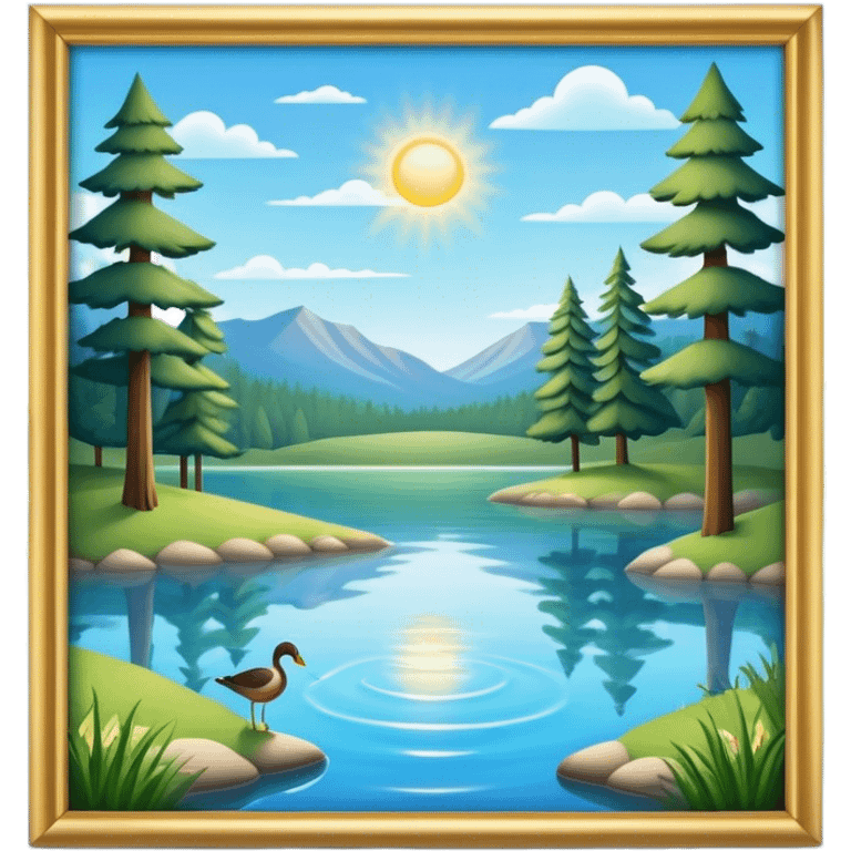 Cinematic Realistic Lake Emoji, Calm and reflective, with clear blue waters mirroring the surrounding landscape, framed by tall trees and grassy shores. The sunlight sparkles on the water’s surface while birds and animals play at the edge. Soft glowing outline, capturing the essence of peaceful serenity in a tranquil lake. emoji