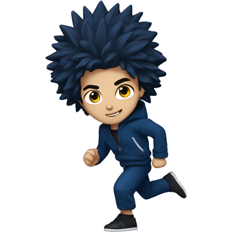 13-year-old Caucasian male martial artist boy running with big black spiky hair. He is wearing a dark blue headband, a dark blue hooded letterman jacket with dark blue sleeves and a black hoodie,  emoji