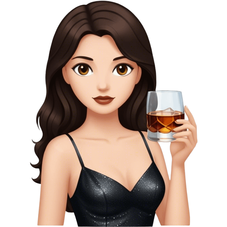 Beautiful woman in 1950’s woman fashion look, black shimmery dress, long dark brown hair, whisky with ice emoji