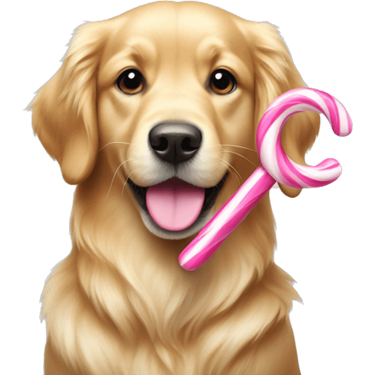 A golden retriever holding a pink and white candy cane toy emoji