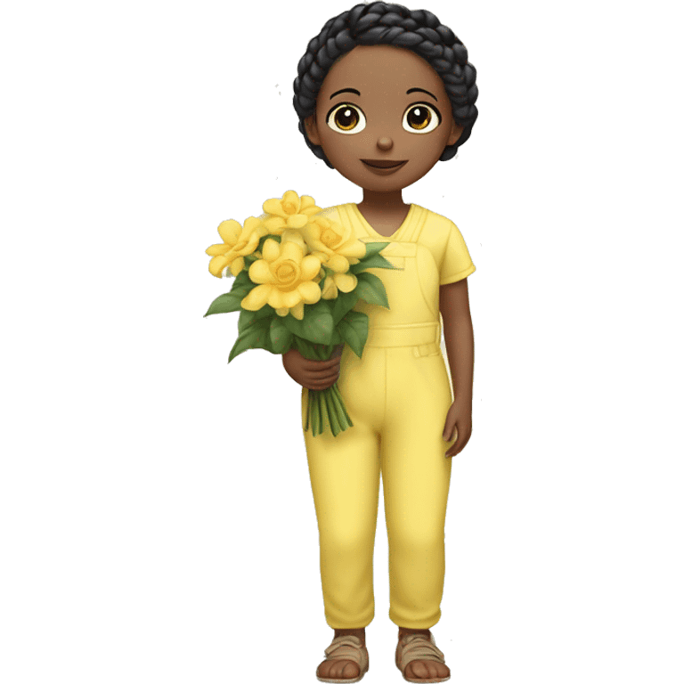 a small child with white skin and black hair in braids wearing a pastel yellow jumpsuit and carrying a flower arrangement in her hands emoji