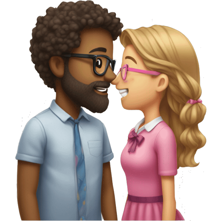 a girl with no glasses and long hair with a pink bow in her hair kissing a boy who has a beard and glasses and also wearing a bow on his head emoji