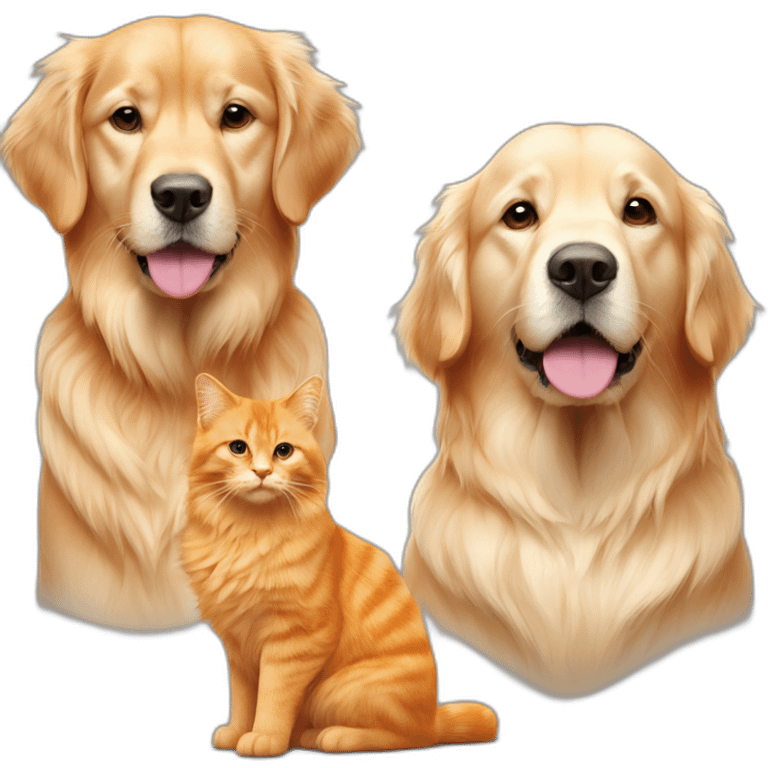 one orange cat and two golden retriever dogs emoji