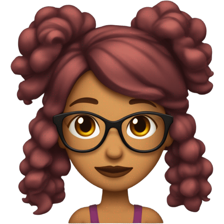 Chica de pelo corto, ondulado, color cereza, ella es morena y usa lentes negros emoji