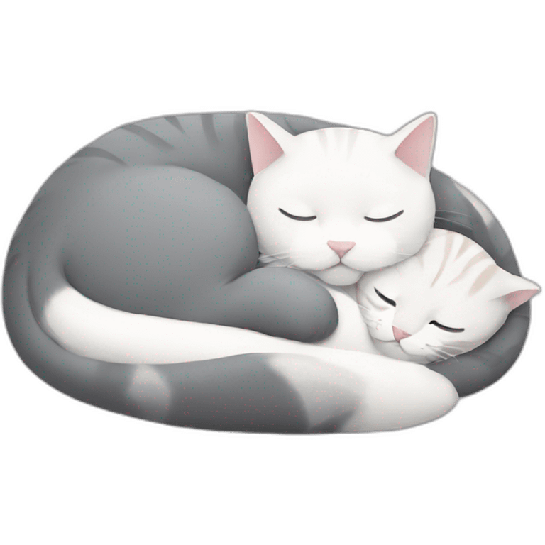 grey and white cat sleeping with other cat emoji