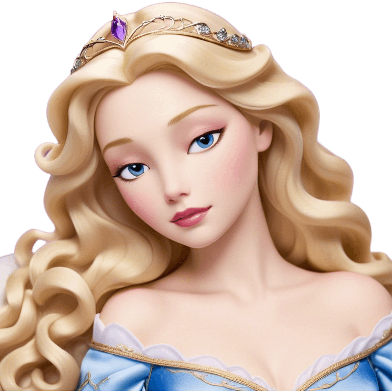 Cinematic Realistic Sleeping Beauty (Aurora) Portrait, with porcelain-like skin featuring a natural rosy flush, illuminated by soft lighting that highlights the gentle contours of her face. Her golden blonde hair flows in soft, detailed waves with subtle highlights that shimmer in the light. Her deep violet-blue eyes radiate warmth and innocence, framed by arched brows and long lashes. Her serene expression exudes quiet elegance. She is dressed in her classic pink gown, the fabric rich in texture with delicate folds that catch the light. A golden crown rests atop her head, gleaming with royal refinement. The portrait captures a soft, glowing aura, blending realism with an ethereal sense of beauty and timeless enchantment. emoji