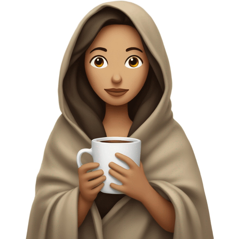 Brunette girl inside a blanket sipping coffee eyes closed emoji