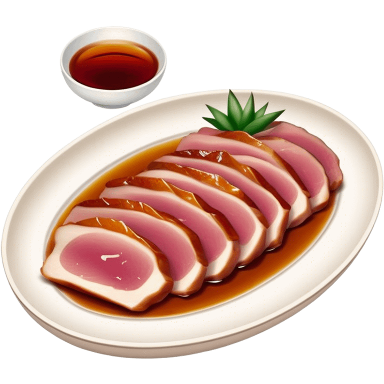 Peking Duck Cinematic Realistic Peking Duck Dish Emoji, depicted as thinly sliced duck breast with crispy skin and succulent meat, rendered with vivid textures and dynamic, appetizing lighting. emoji