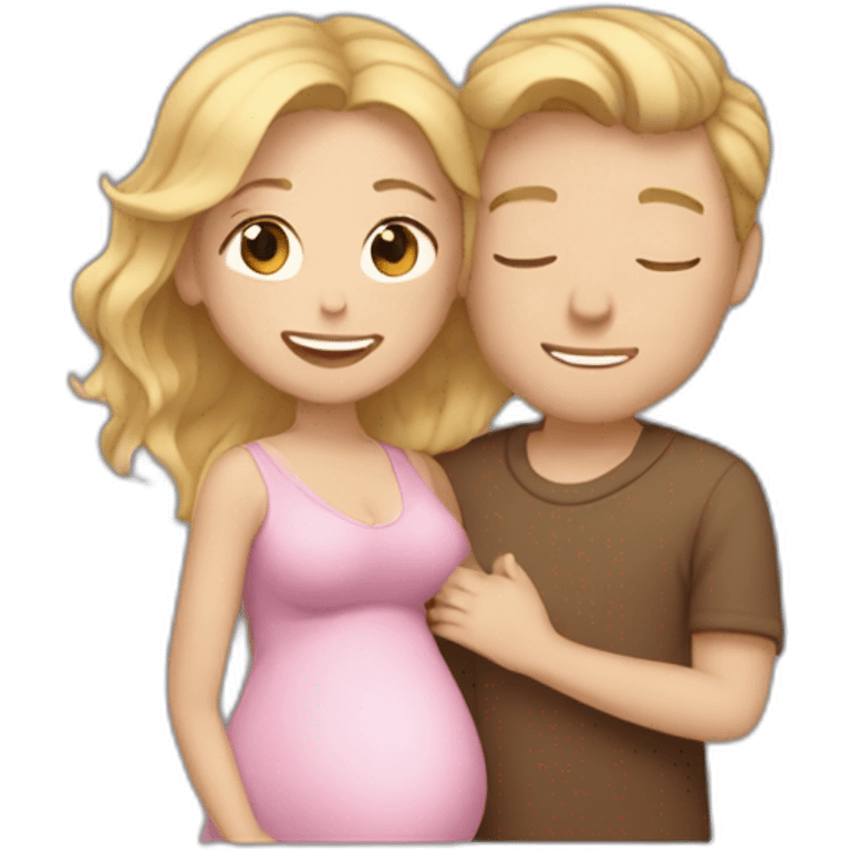 Small pregnant woman with wavy brown-blond gradient hair and a tall man with blond hair cuddling eachother emoji