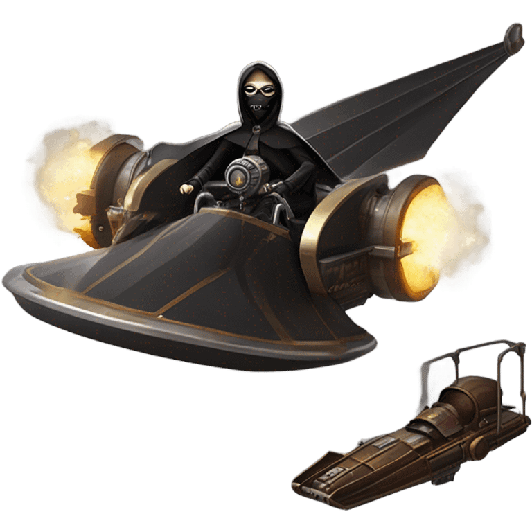 Jedi teen Morticia Addams flying a Jumpspeeder anti-gravity repulsorlift powered by an imperial speeder steampunk  emoji