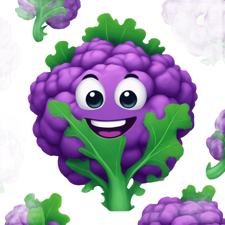  Cheerful purple cauliflower with vibrant green leaves, a cute face with big expressive eyes and a friendly smile, styled in a cartoonish and playful design. emoji