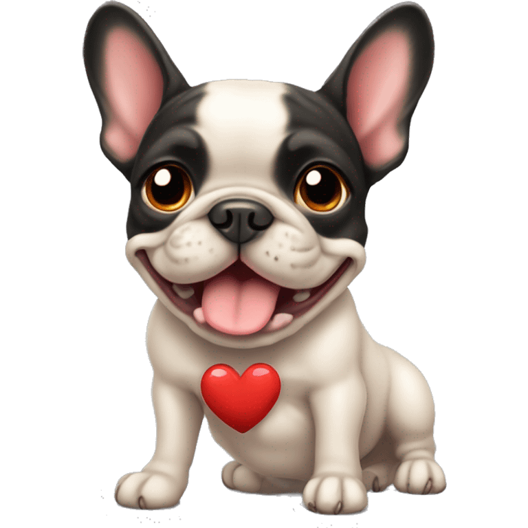 A small, black-and-tan French bulldog with a mostly black face and tan paws, showing a cute and joyful expression, with large red heart-shaped eyes, like the 😻 emoji. emoji