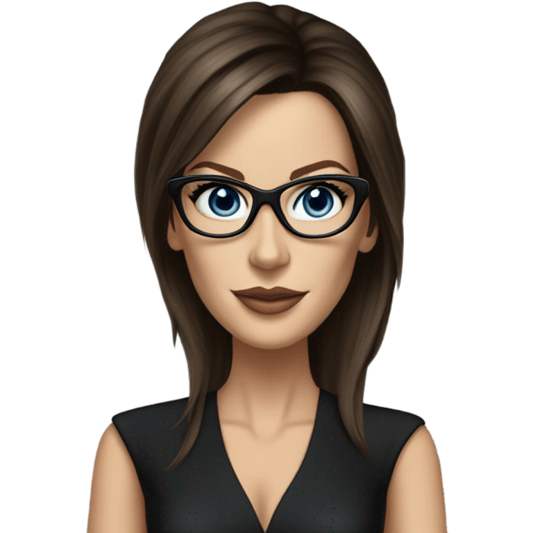 Hyper Realistic photo Kate Beckinsale blue eyes wearing glasses in a business meeting black dress emoji