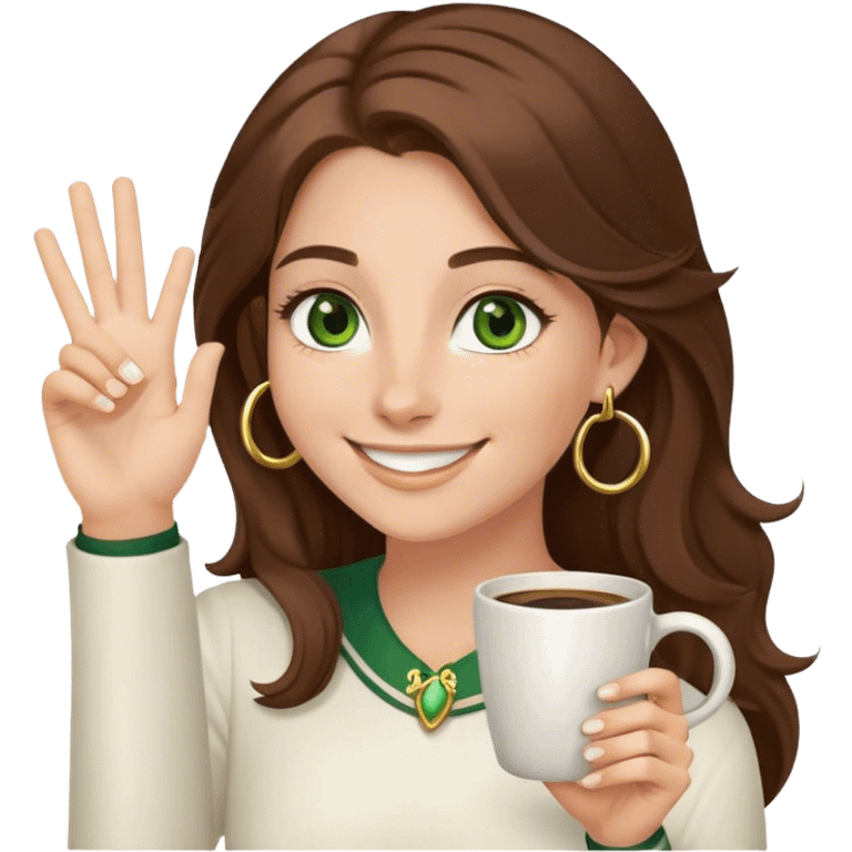 Long, Brown haired girl with middle hair part, green eyes, gold hoop nose ring, smiling, waving with one hand, coffee mug in the other emoji