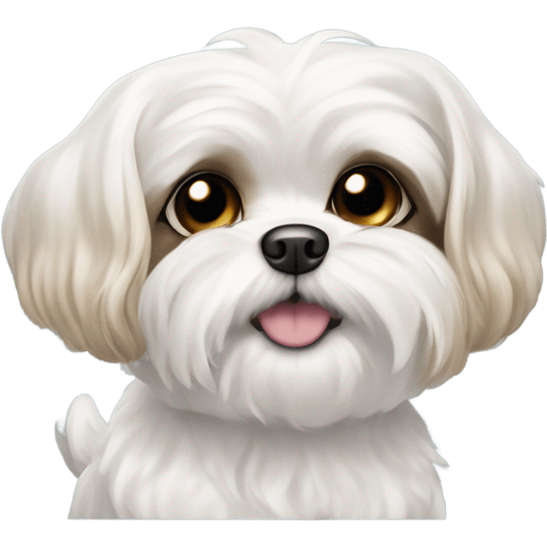 A white maltese / shitzoo dog with tan spots, curly fur and big eyes emoji