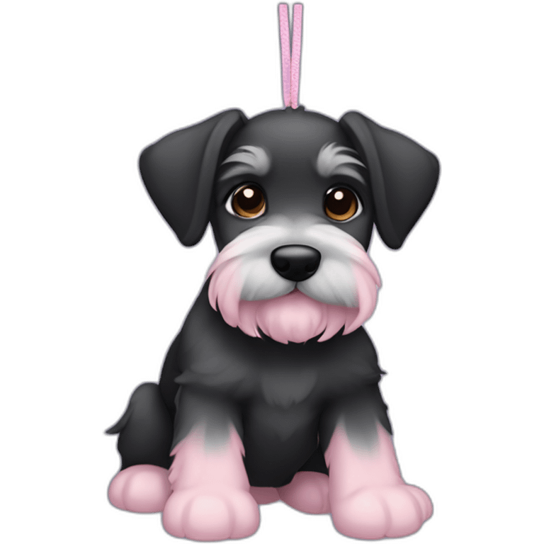 female puppy color "black and dark gray" breed medium Schnauzer with hanging ears hanging ears and a pale pink string around its neck emoji