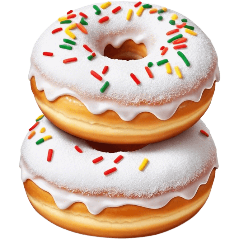 Cinematic fluffy donuts, perfectly golden and dusted with powdered sugar, vibrant icing with sprinkles, stacked in a playful arrangement, soft glowing highlights, warm and inviting. emoji