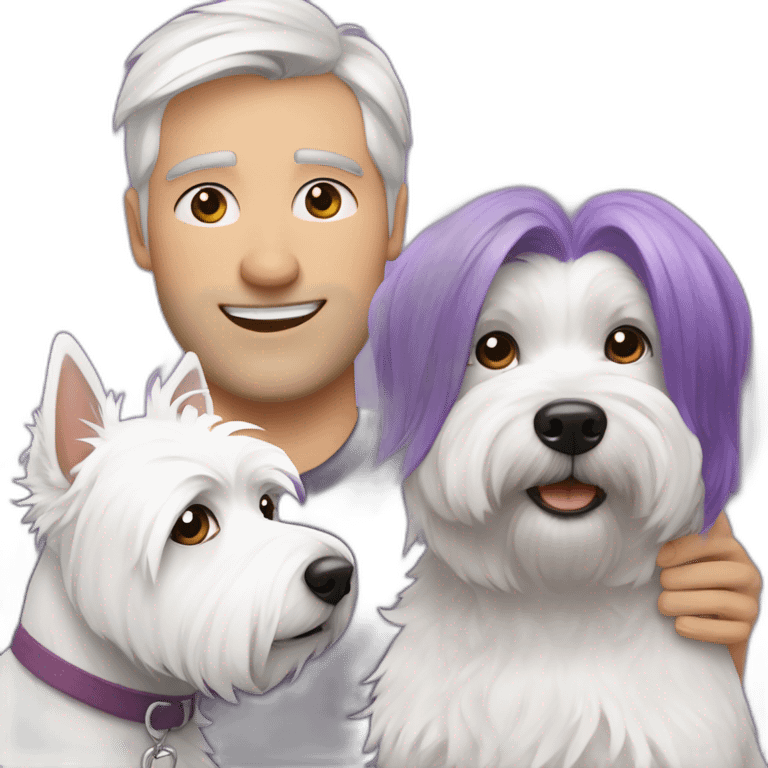 Family picture woman with purple hair and man with dark brown hair and no beard or mustage and happy West Highland White Terrier emoji