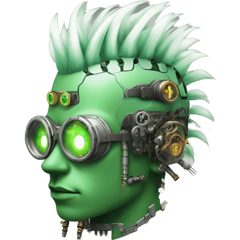 Green Mohawk hair male cyborg head with white steampunk goggles and circuits emoji