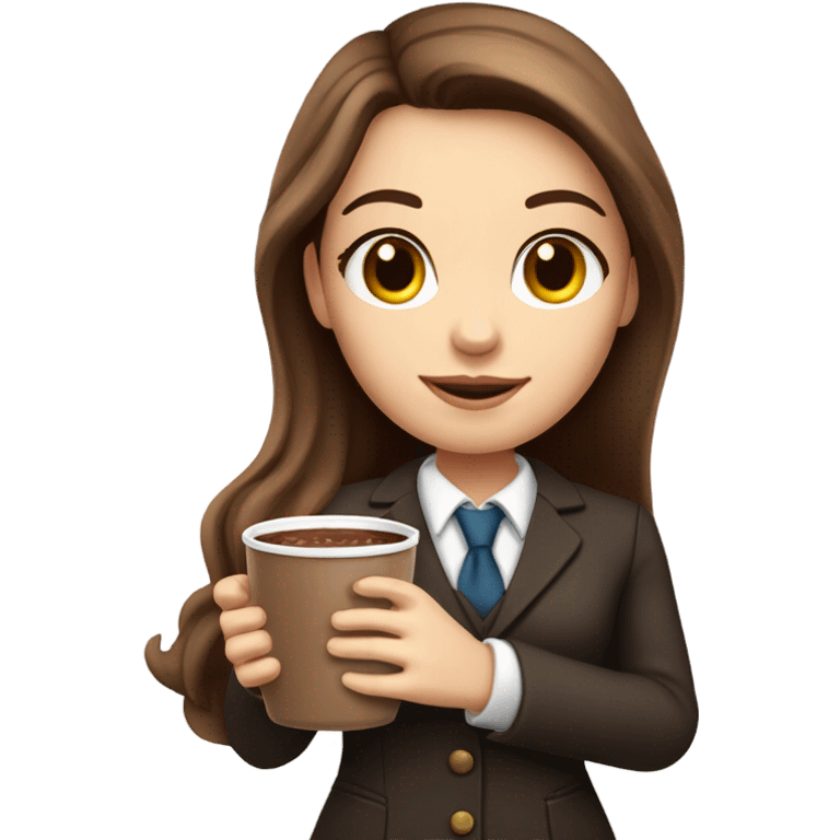 white girl with brown long hair and a hot chocolate she is a teacher emoji