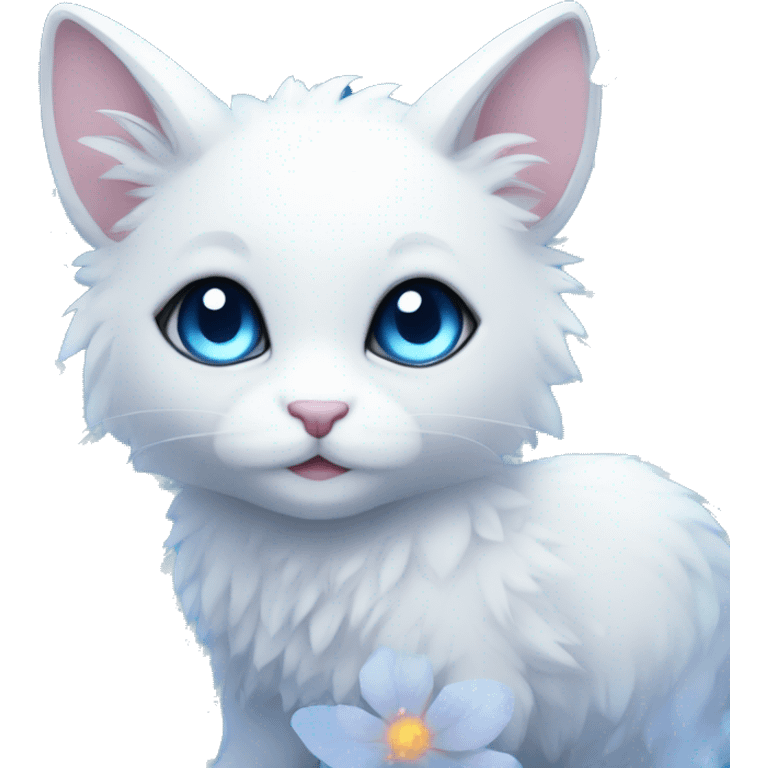 Edgy Cute Cool Kawaii gorgeous sparkly ethereal white fantasy animal with blue eyes sona with flowers and butterflies emoji