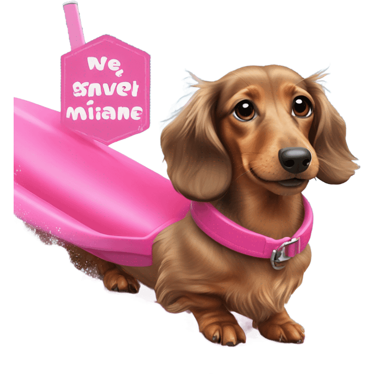 Long haired miniature dachshund red colour with pink collar waterskiing emoji