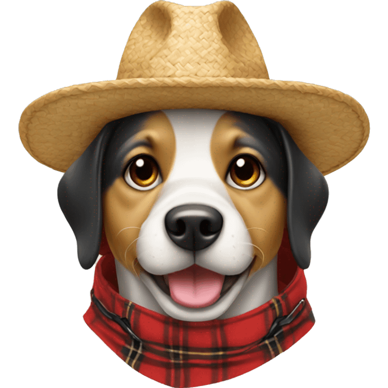 dog happy with straw hat and red plaid outfit emoji