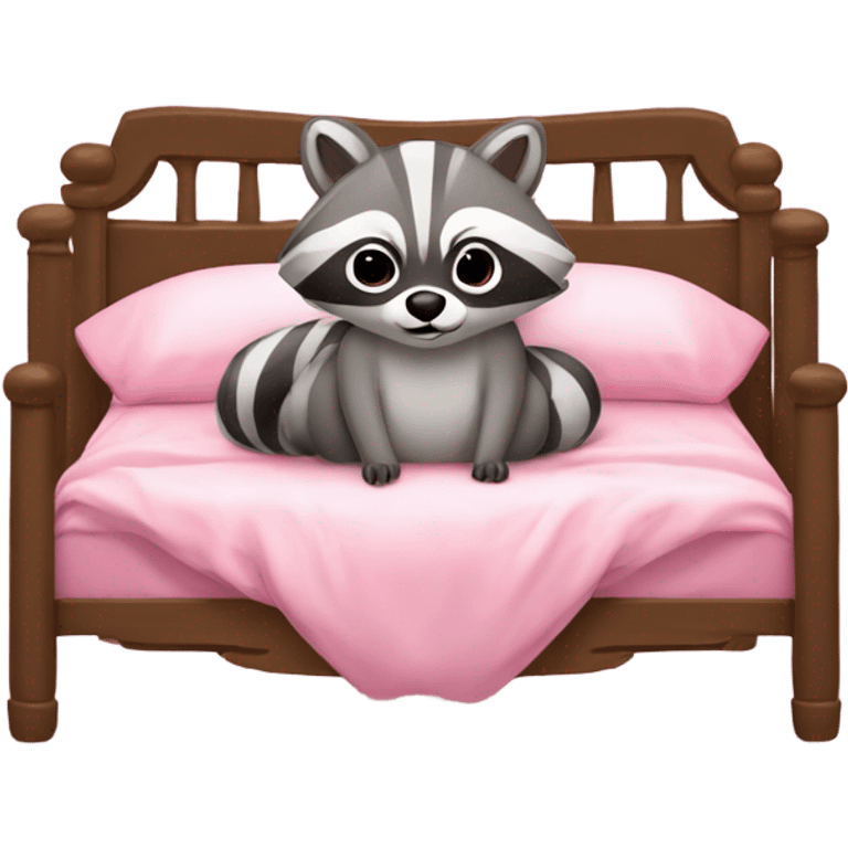 princess style bed with sleeping cute racoon wearing pink bow on head in it emoji