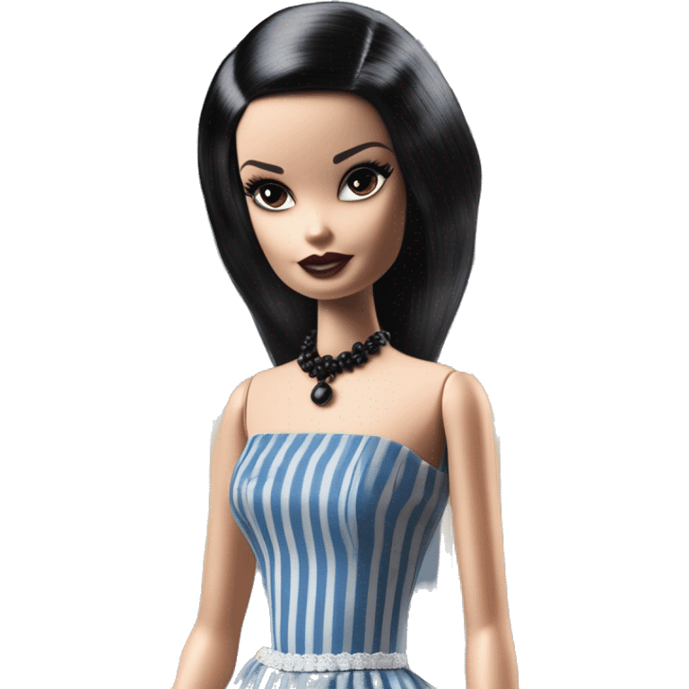 1920s black hair Silkstone Marie Antoinette Barbie Wednesday Addams from academy in a blue and black vertically-striped classic dress. riding hot rod bikes with crows emoji