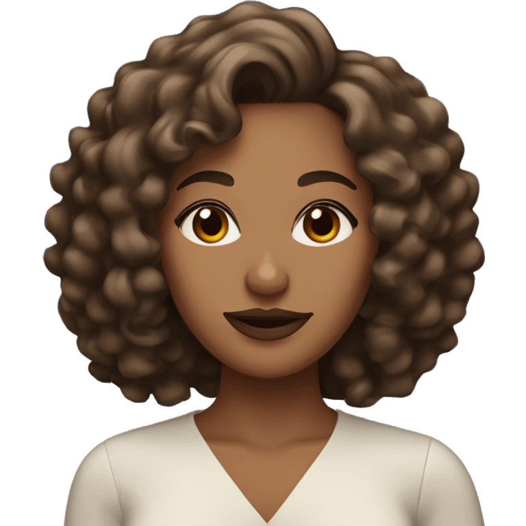 brown woman with curly shoulder length hair and brown eyes with slightly red lipstick emoji