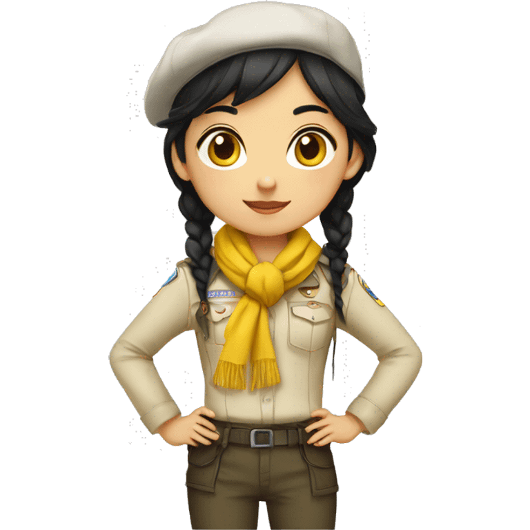 Scout girl with Black hair and brown eyes and a YELLOW knotted scarf and a white shirt with black beret and black pants standing emoji