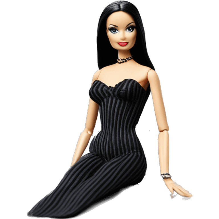 Bouclé Beauty Lingerie Barbie, 1965 Morticia Addams from academy, in dark-gray and black striped outfit with hat. Driving 1978 Mercedes convertible sports car  emoji