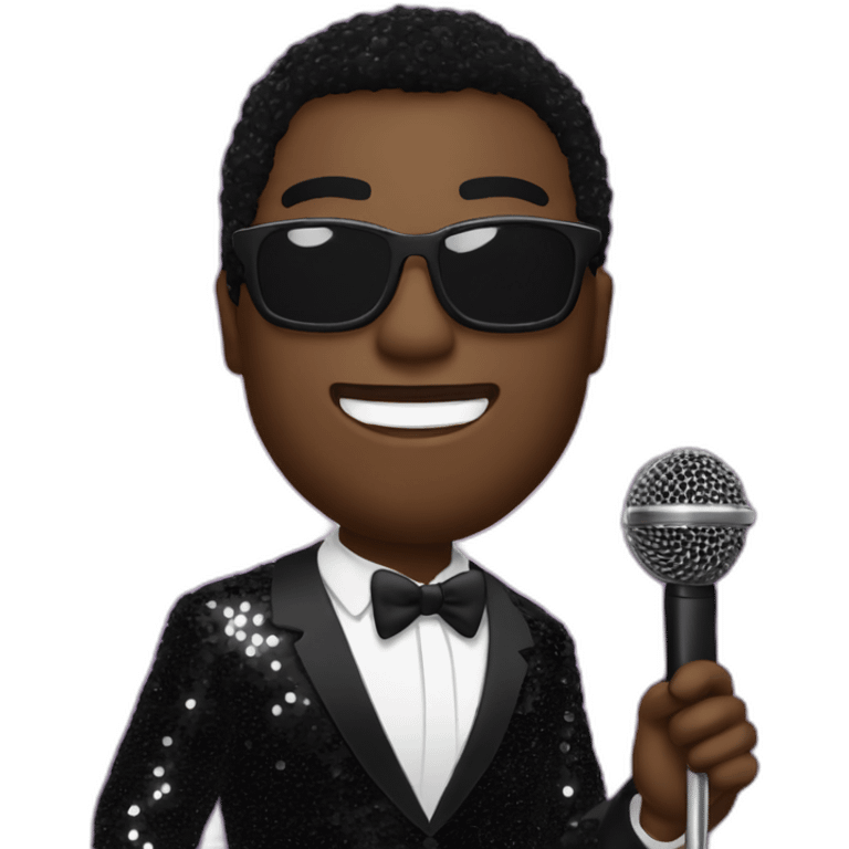 sam richardson in a black sequin suit holding a microphone singing emoji